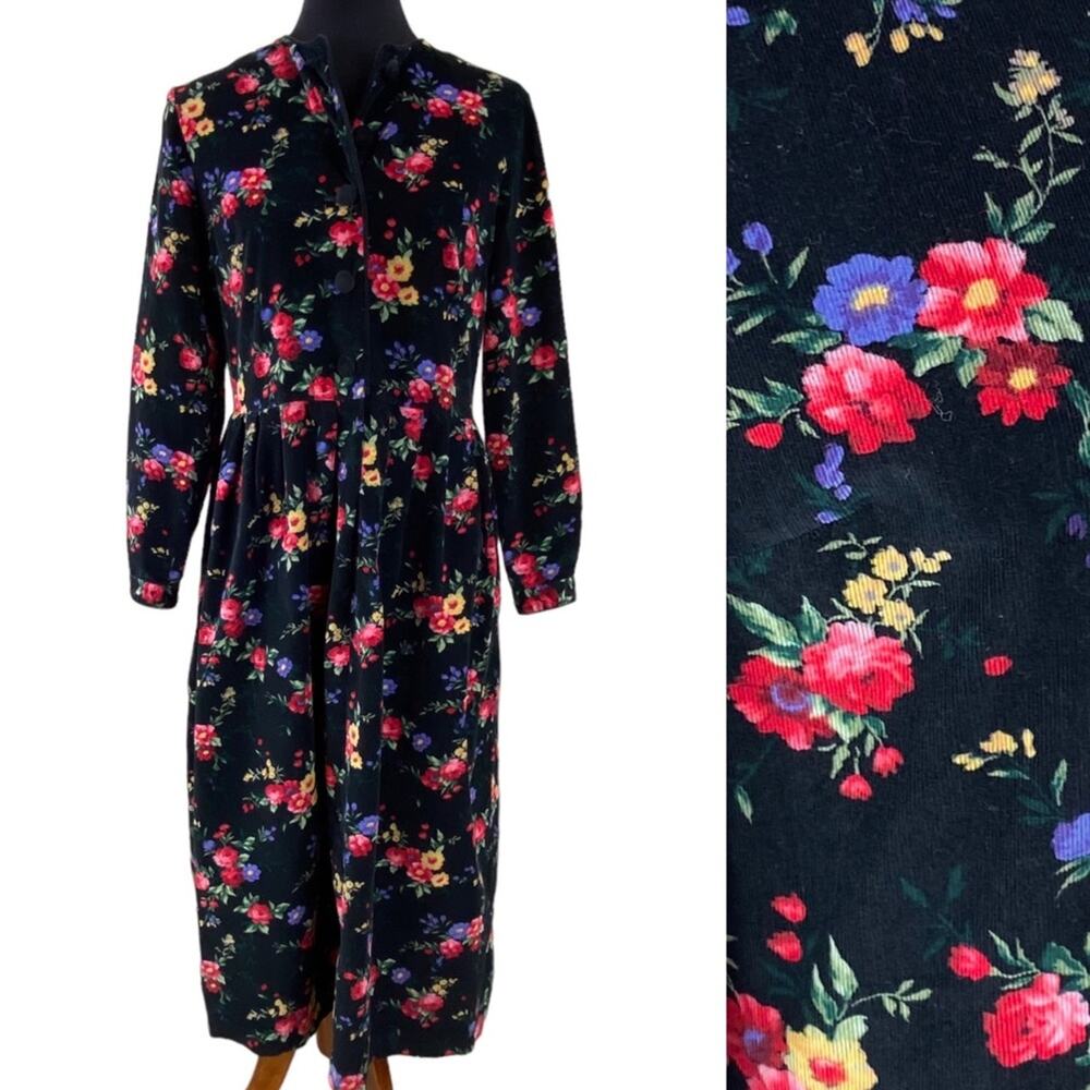 Vintage Talbots Womens Dark Floral Needlecord Long Sleeve Midi Dress Size 8p